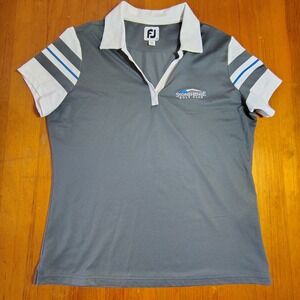 FJ FootJoy stonehenge Golf Shirt Medium Gray White Blue Stripe Short Sleeve Polo